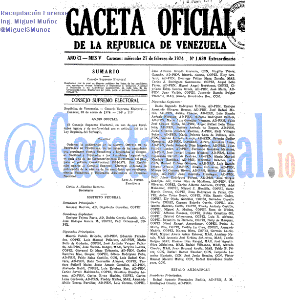 Gaceta Oficial 1639 del 27 Febrero 1974