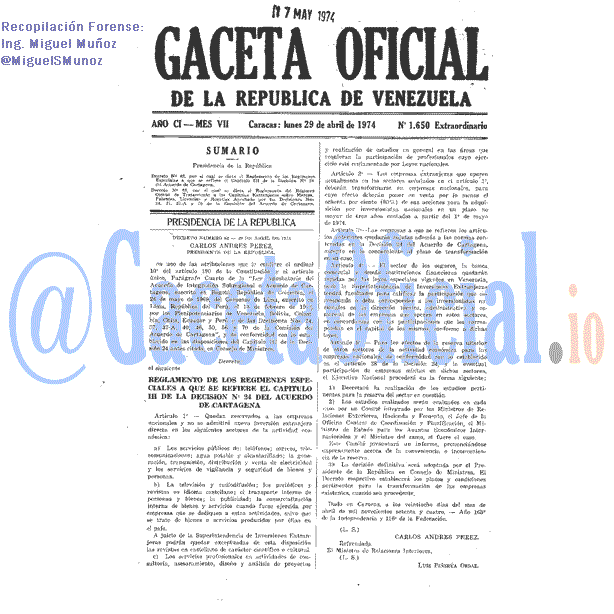 Gaceta Oficial 1650 del 29 Abril 1974