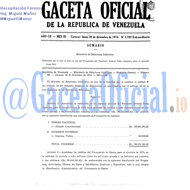 Gaceta Oficial 1709 del 30 Diciembre 1974