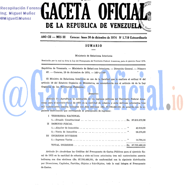 Gaceta Oficial 1710 del 30 Diciembre 1974