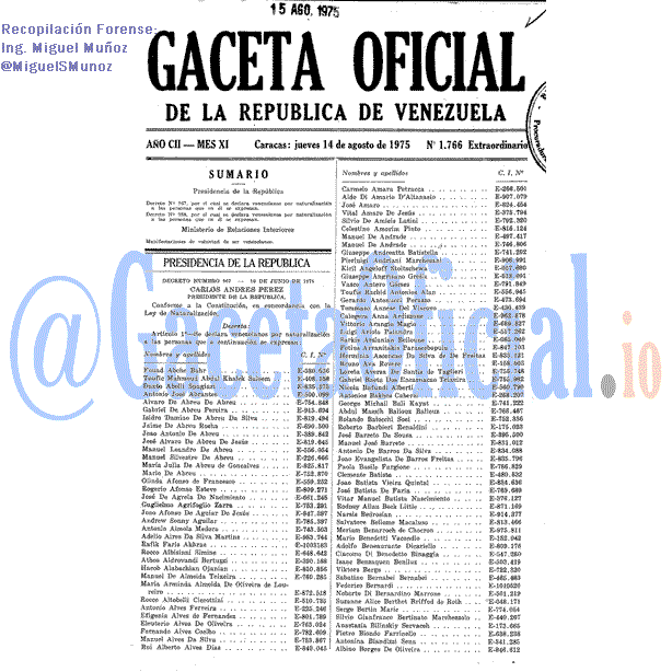 Gaceta Oficial 1766 del 14 Agosto 1975