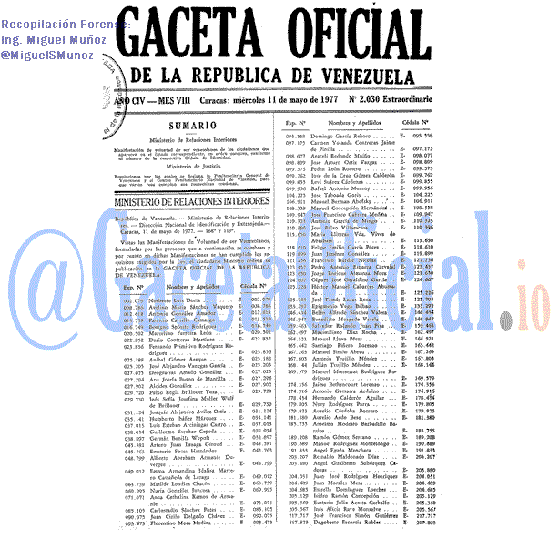 Gaceta Oficial 2030 del 11 Mayo 1977