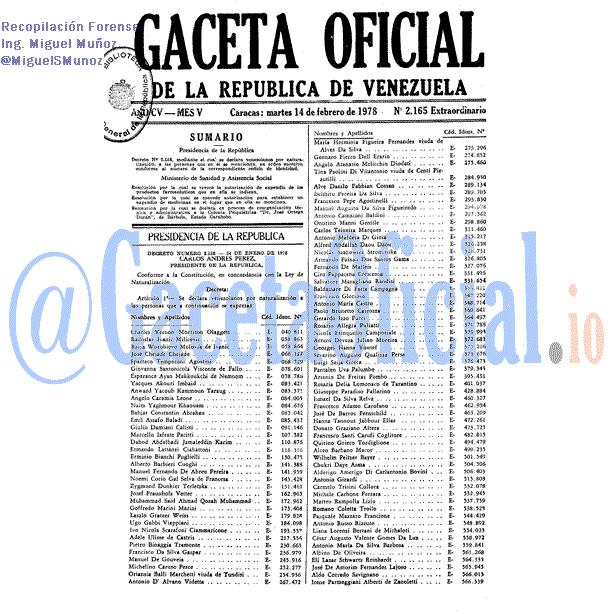 Gaceta Oficial 2165 del 14 Febrero 1978