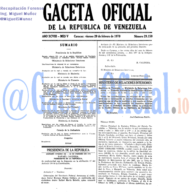 Gaceta Oficial 29150 del 20 Febrero 1970