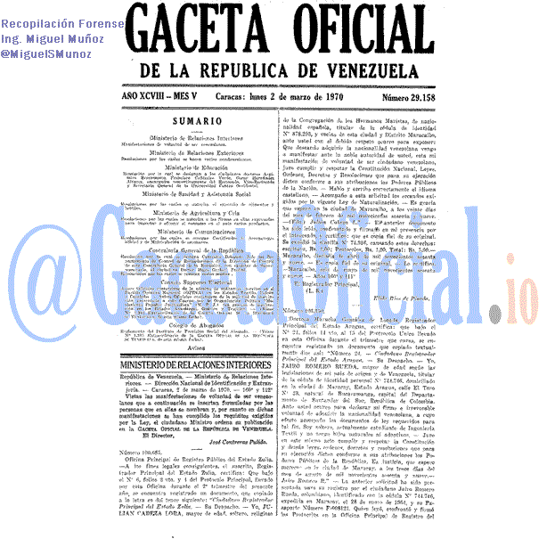 Gaceta Oficial 29158 del 2 Marzo 1970
