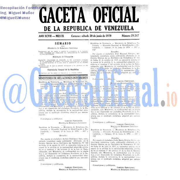 Gaceta Oficial 29247 del 20 Junio 1970