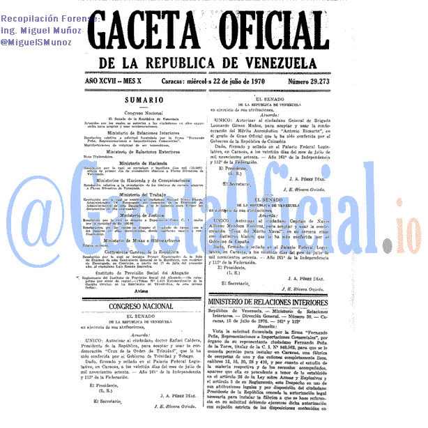 Gaceta Oficial 29273 del 22 Julio 1970