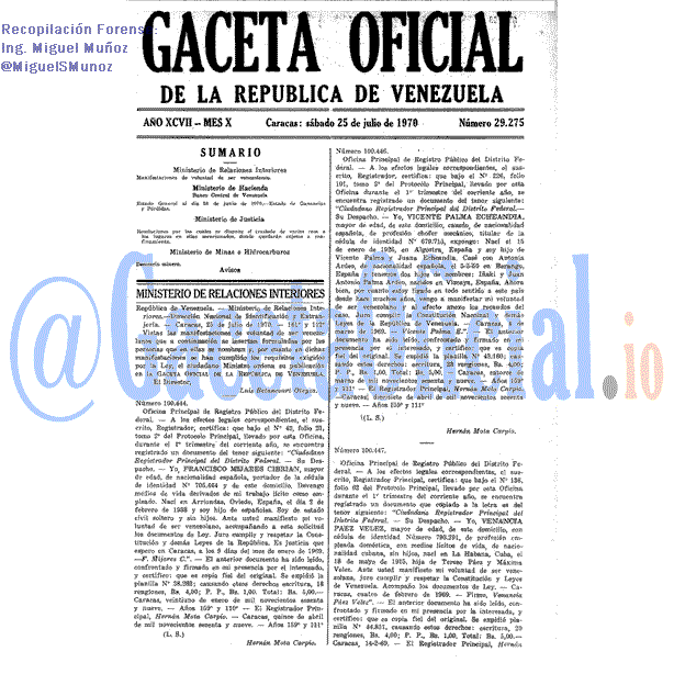 Gaceta Oficial 29275 del 25 Julio 1970