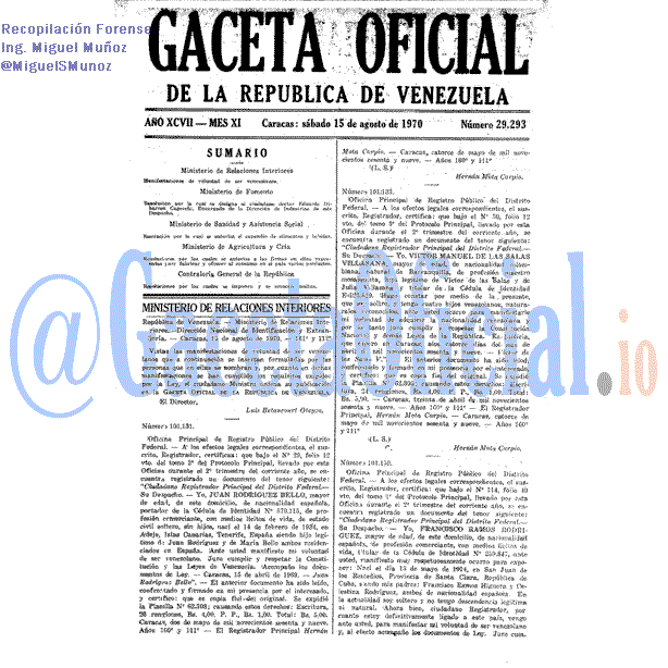 Gaceta Oficial 29293 del 15 Agosto 1970