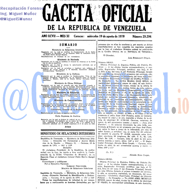 Gaceta Oficial 29296 del 19 Agosto 1970