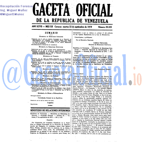 Gaceta Oficial 29325 del 22 Septiembre 1970