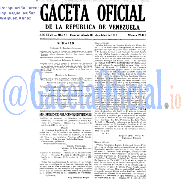 Gaceta Oficial 29341 del 10 Octubre 1970