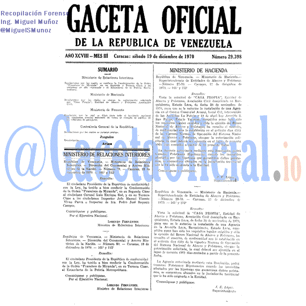 Gaceta Oficial 29398 del 19 Diciembre 1970