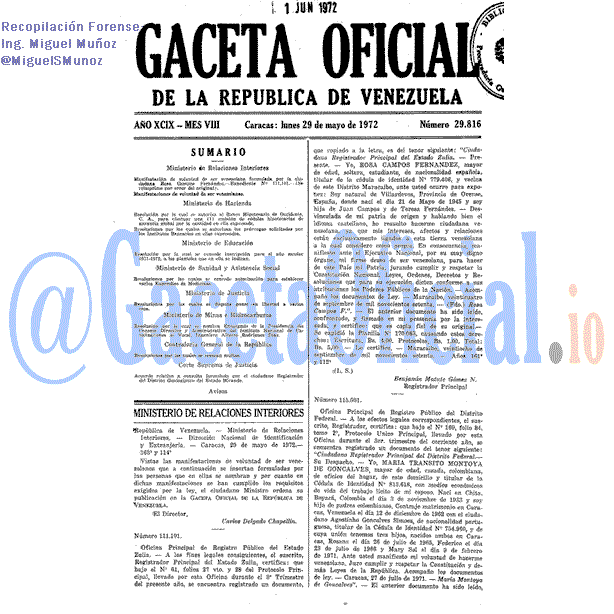 Gaceta Oficial 29816 del 29 Mayo 1972