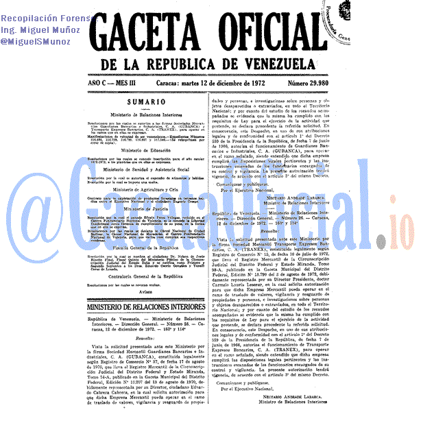 Gaceta Oficial 29980 del 12 Diciembre 1972