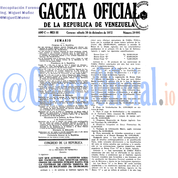 Gaceta Oficial 29995 del 30 Diciembre 1972