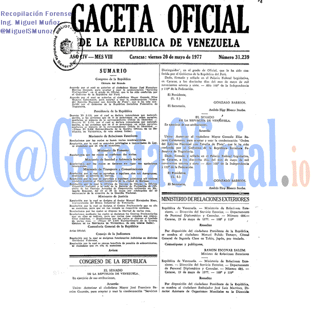 Gaceta Oficial 31239 del 20 Mayo 1977