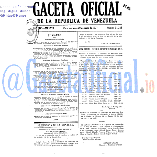 Gaceta Oficial 31245 del 30 Mayo 1977