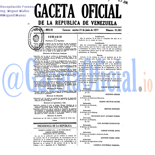 Gaceta Oficial 31261 del 21 Junio 1977