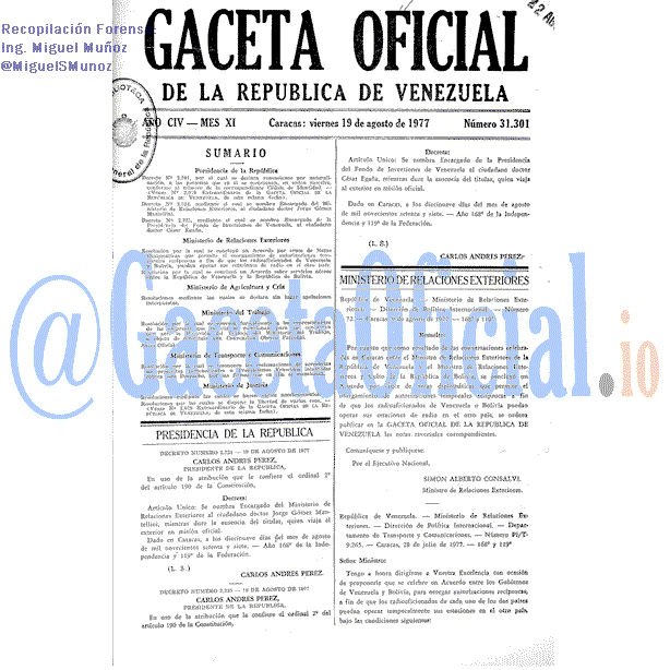 Gaceta Oficial 31301 del 19 Agosto 1977