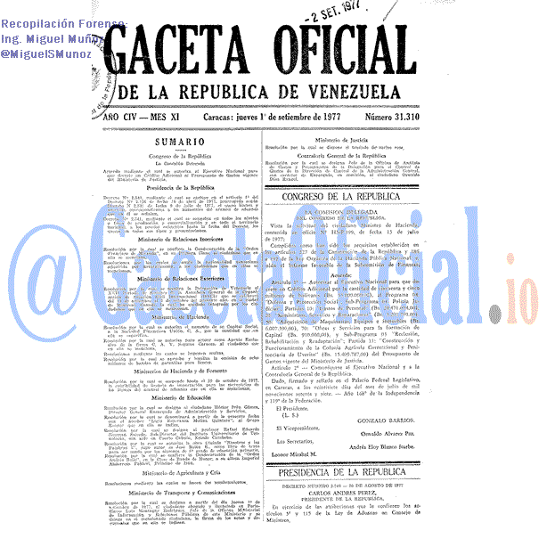 Gaceta Oficial 31310 del 1 Septiembre 1977