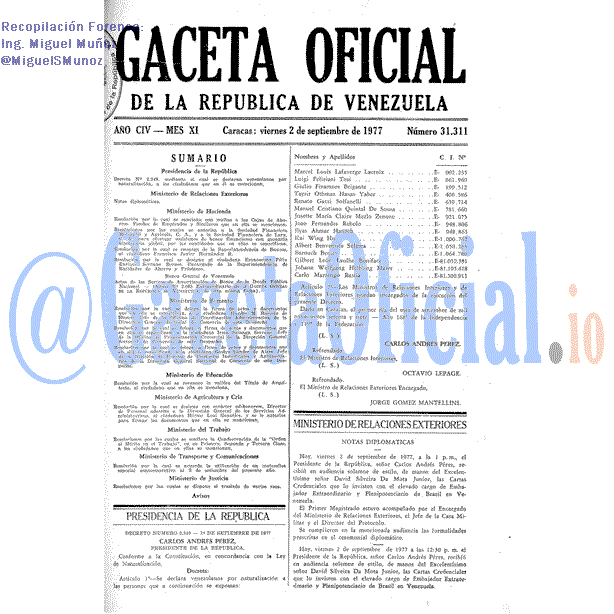 Gaceta Oficial 31311 del 2 Septiembre 1977