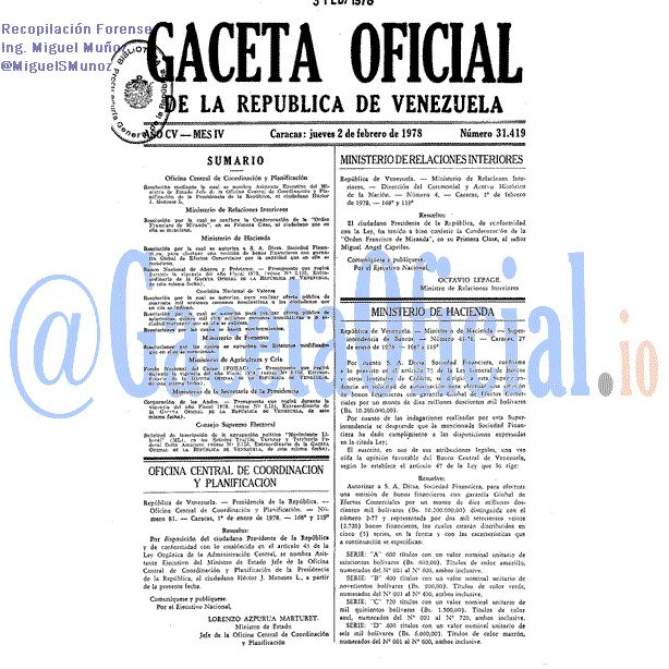 Gaceta Oficial 31419 del 2 Febrero 1978