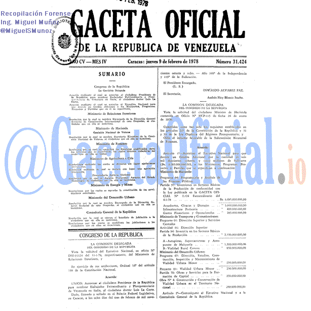 Gaceta Oficial 31424 del 9 Febrero 1978