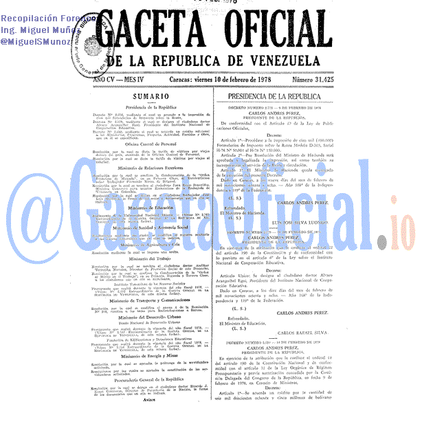 Gaceta Oficial 31425 del 10 Febrero 1978