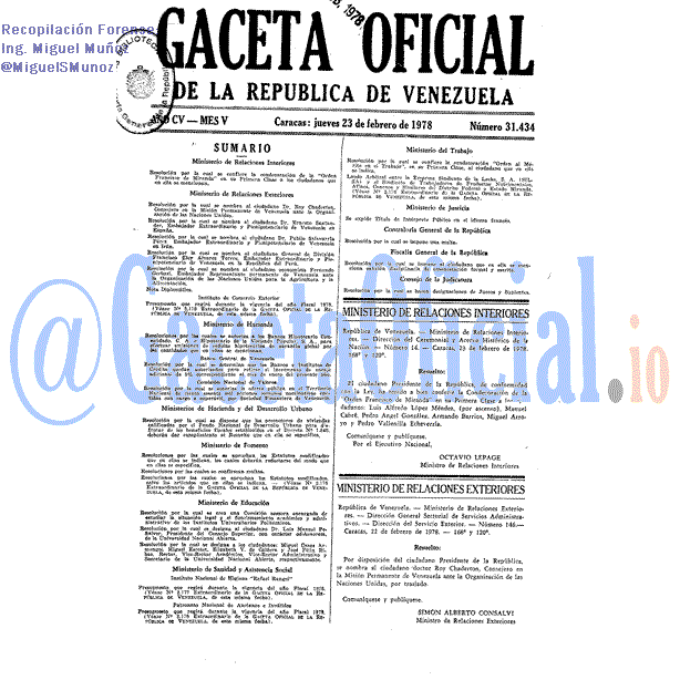 Gaceta Oficial 31434 del 23 Febrero 1978