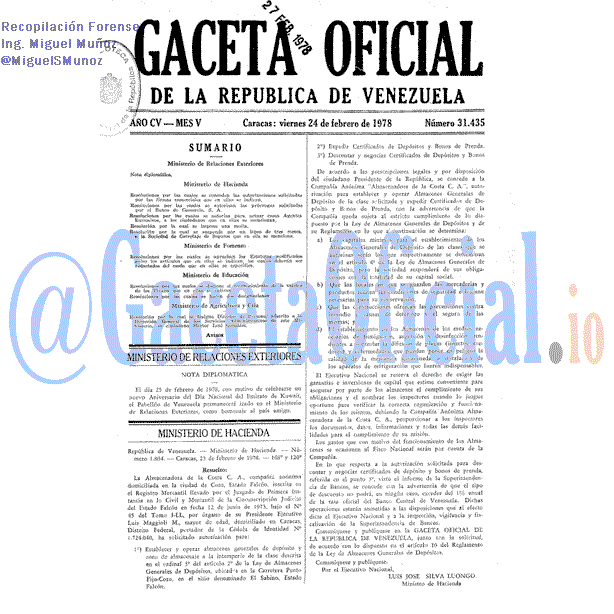 Gaceta Oficial 31435 del 24 Febrero 1978