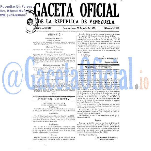 Gaceta Oficial 31516 del 26 Junio 1978