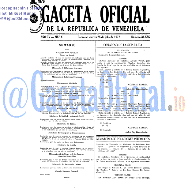 Gaceta Oficial 31535 del 25 Julio 1978