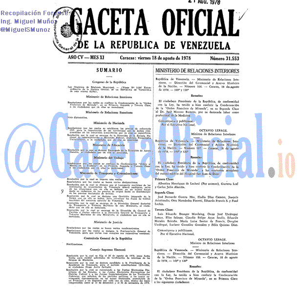 Gaceta Oficial 31553 del 18 Agosto 1978