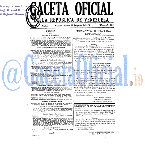 Gaceta Oficial 31801 del 17 Agosto 1979