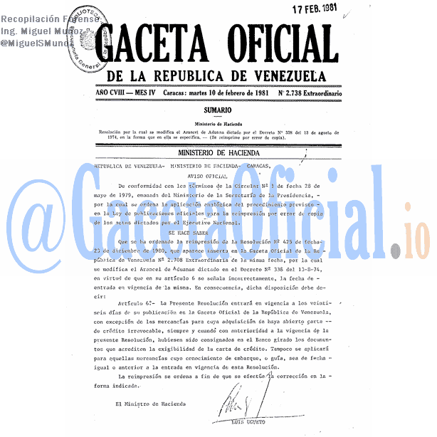 Gaceta Oficial 2738 del 10 Febrero 1981