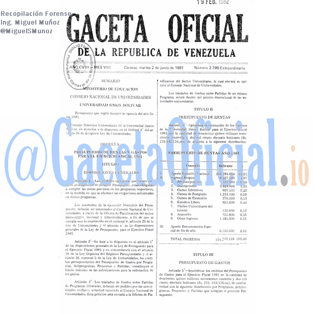 Gaceta Oficial 2799 del 2 Junio 1981