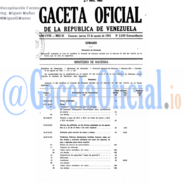 Gaceta Oficial 2839 del 13 Agosto 1981