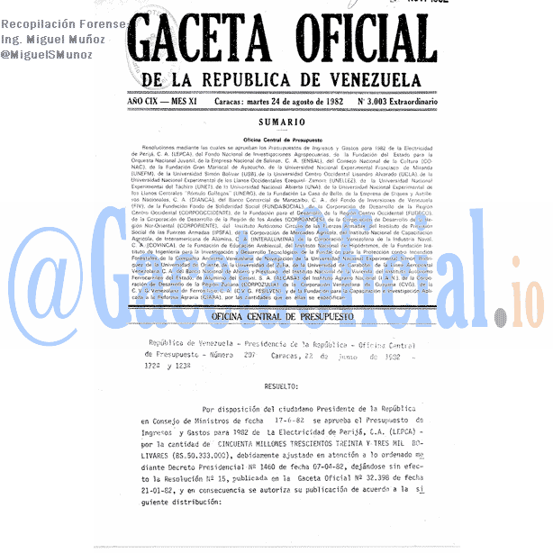 Gaceta Oficial 3003 del 24 Agosto 1982