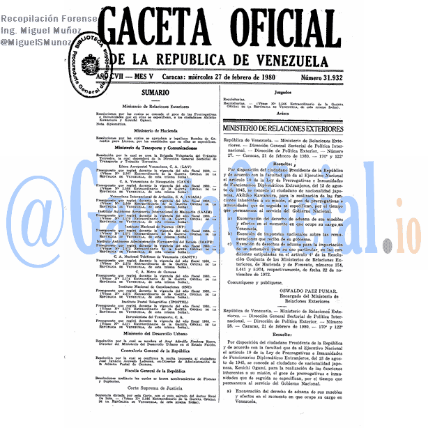 Gaceta Oficial 31932 del 27 Febrero 1980