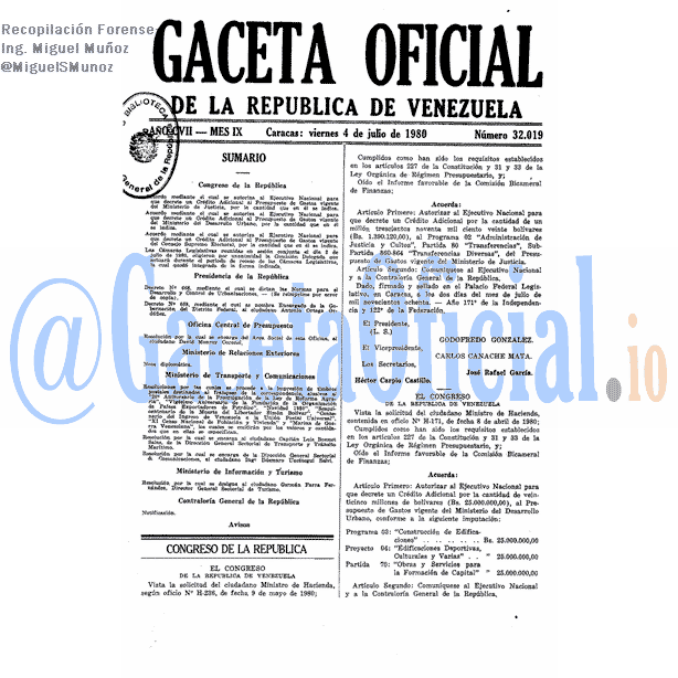 Gaceta Oficial 32019 del 4 Julio 1980