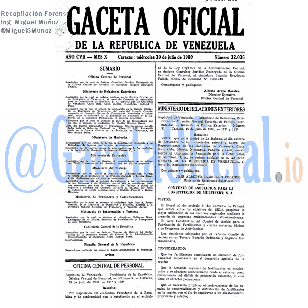 Gaceta Oficial 32036 del 30 Julio 1980