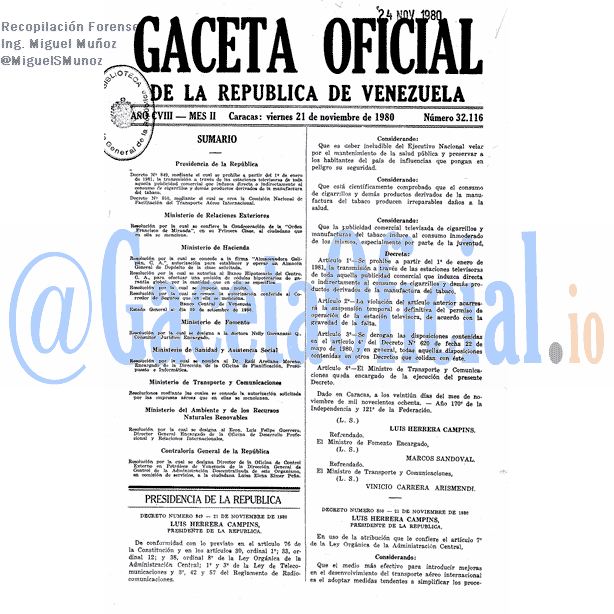Gaceta Oficial 32116 del 21 Noviembre 1980