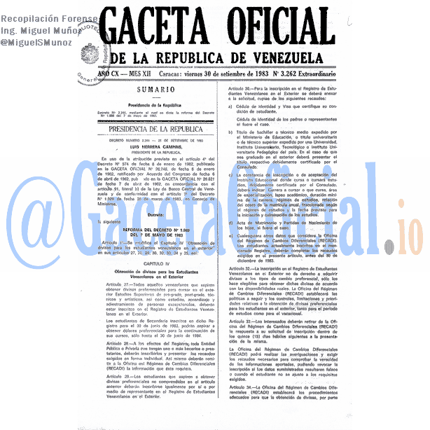 Gaceta Oficial 3262 del 30 Septiembre 1983