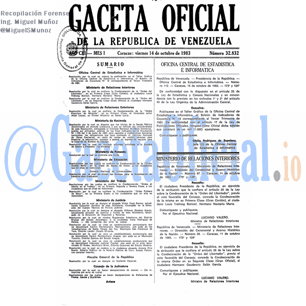 Gaceta Oficial 32832 del 14 Octubre 1983