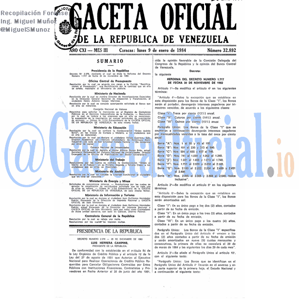 Gaceta Oficial 32892 del 9 Enero 1984