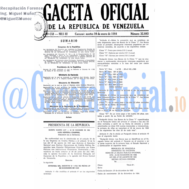 Gaceta Oficial 32893 del 10 Enero 1984