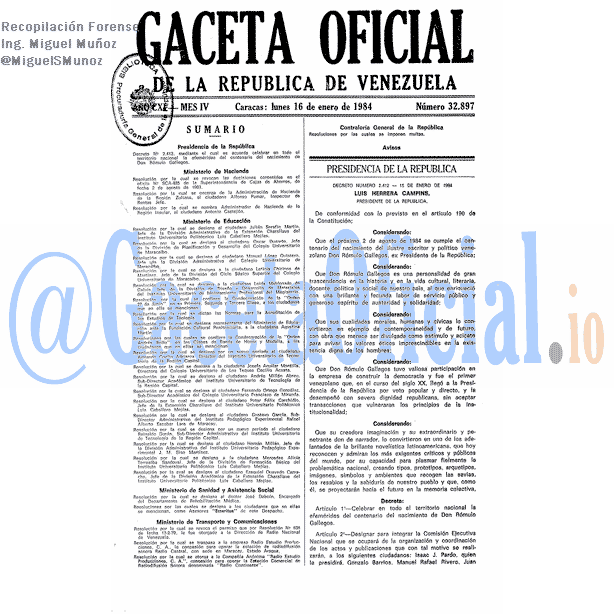 Gaceta Oficial 32897 del 16 Enero 1984