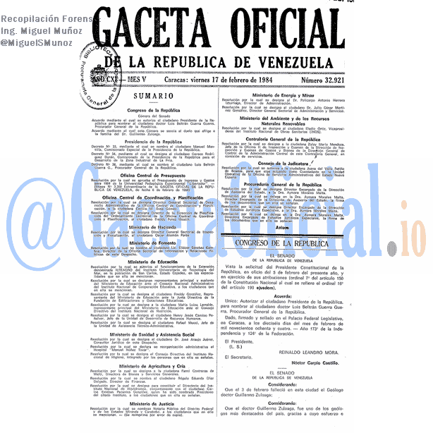 Gaceta Oficial 32921 del 17 Febrero 1984