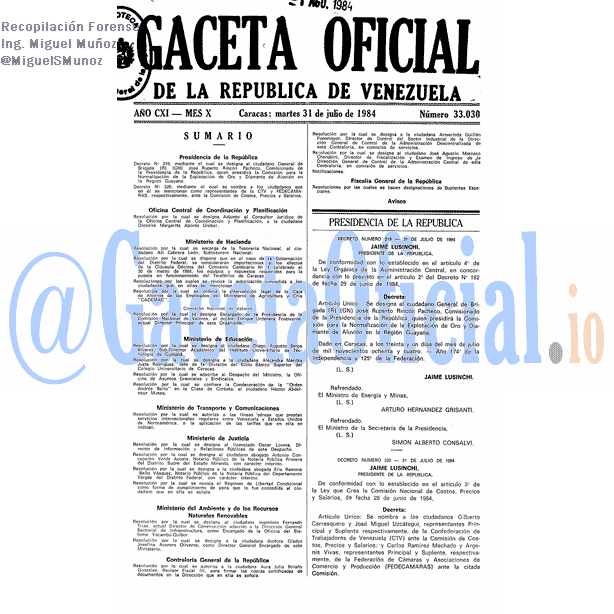 Gaceta Oficial 33030 del 31 Julio 1984